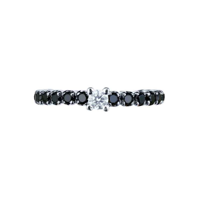 Bague alliance en Or Blanc 18k avec diamant central et diamants noirs latéraux