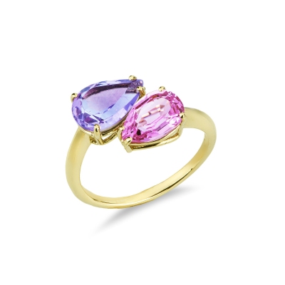 Bague en or jaune 18 carats saphir rose et améthyste