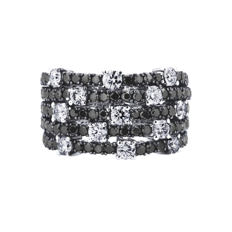 Bague en Or Blanc 18k avec cinq rangs de diamants noirs et blancs