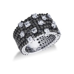 Bague en Or Blanc 18k avec cinq rangs de diamants noirs et blancs