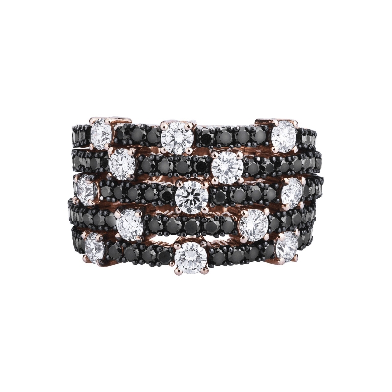 Bague large en Or Rose 18k avec diamants noirs et brillants