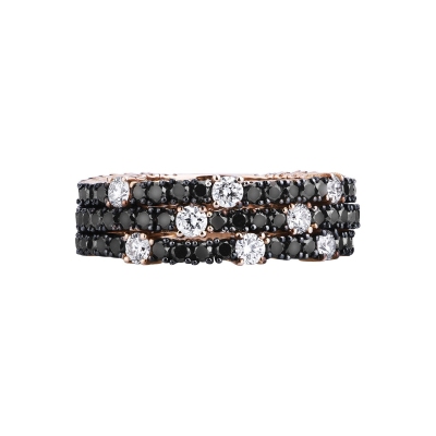 Bague eternity triple ligne avec diamants noirs et blancs en rose 750