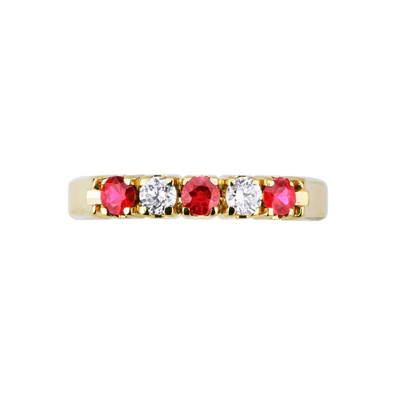 Bague Alliance 5 Pierres Or Jaune 18k Diamants et Rubis