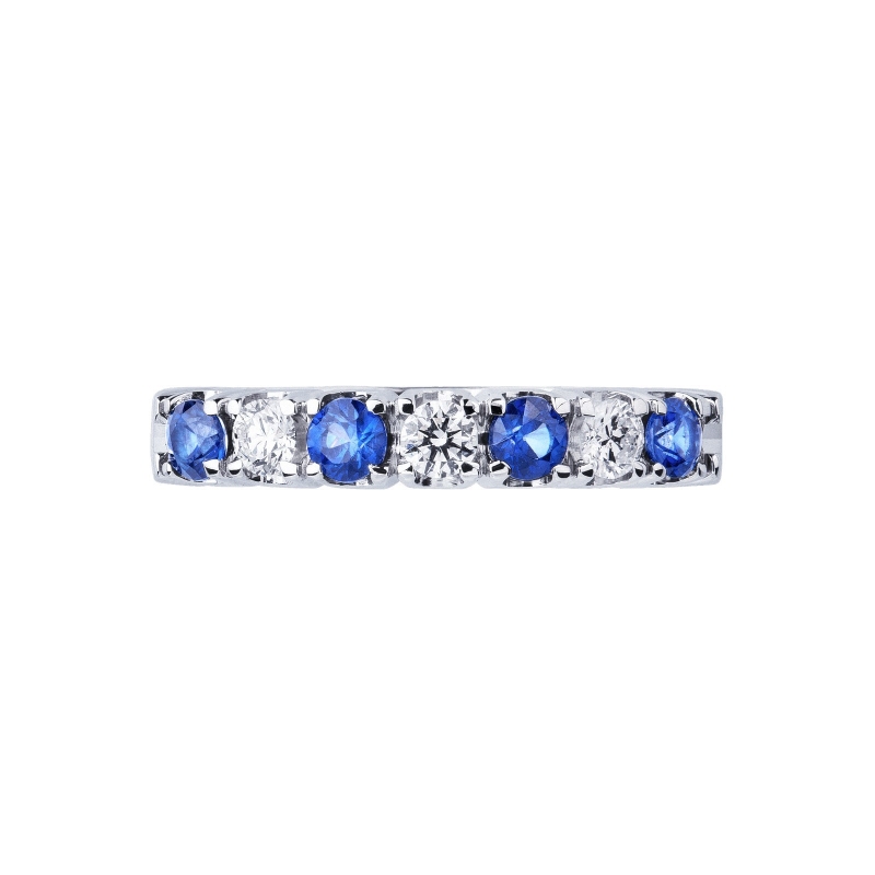 Bague demi alliance en or blanc 18k avec diamants et saphirs bleus  Bague demi alliance en or blanc 18k avec diamants et saphirs bleus