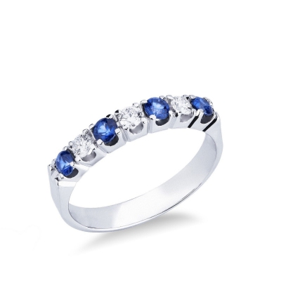  Bague demi alliance en or blanc 18k avec diamants et saphirs bleus