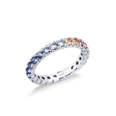 Bague eternity en or blanc 18k avec saphirs multicolores
