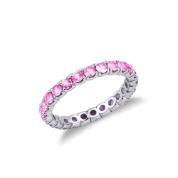 Bague Eternity à griffes en or blanc 18k avec saphirs roses
