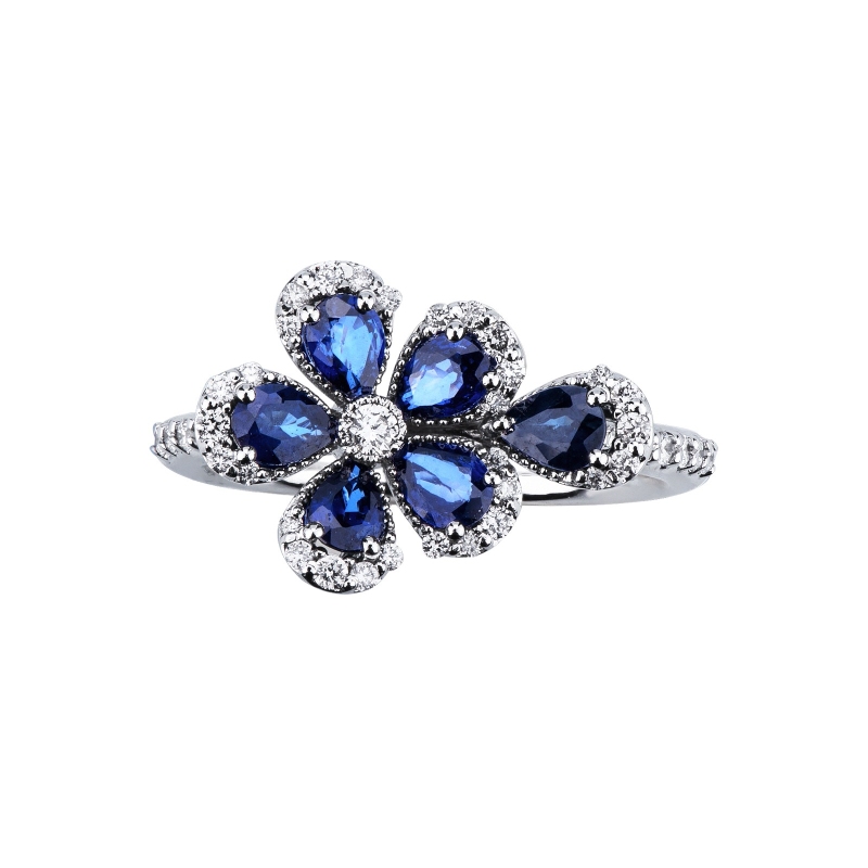 Bague saphir bleu et diamant fleur or blanc Bague saphir bleu et diamant fleur or blanc