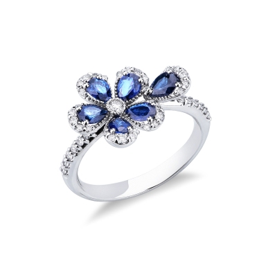 Bague saphir bleu et diamant fleur or blanc
