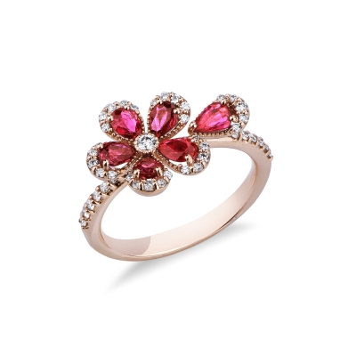 Bague fleur en or rose 18k avec rubis