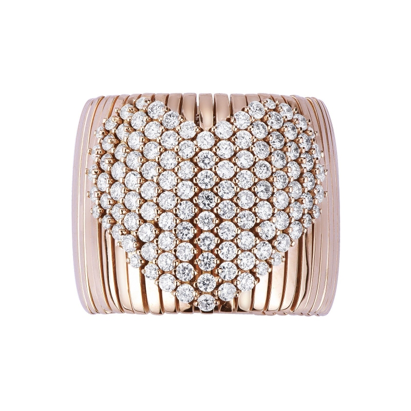 Bague bandeau flexible en or rose 18k cœur en pavé de diamants
