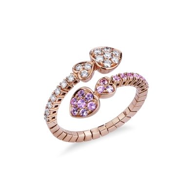 Bague Semi Rigide en Or Rose 18K avec Cœurs Diamants et Saphirs