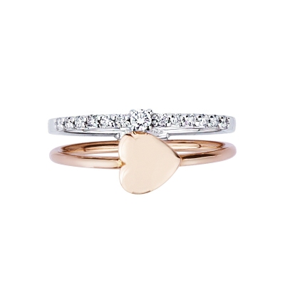 Bague double rang en or blanc et rose avec cœur et diamants