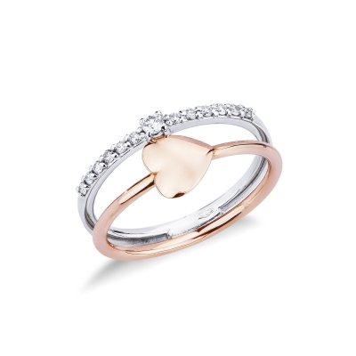 Bague double rang en or blanc et rose avec cœur et diamants