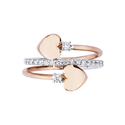 Bague en Or Blanc et Rose 18k avec 2 Coeurs et Diamants