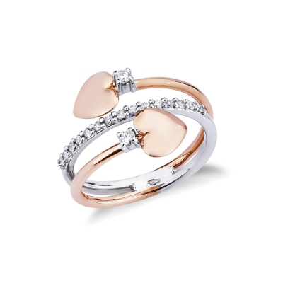 Bague en Or Blanc et Rose 18k avec 2 Coeurs et Diamants