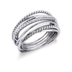 Bague large en or blanc 18k avec diamants et fils entrelacés