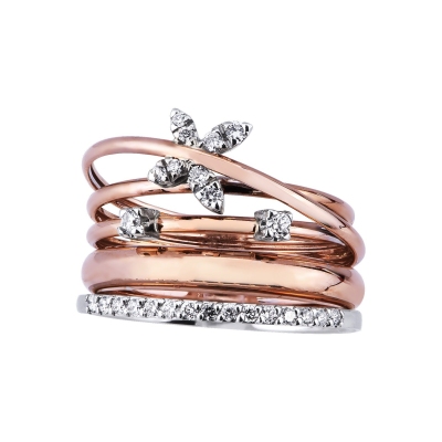 Bague bicolore en or blanc et rose 18k avec diamants et papillon