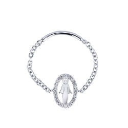 Bague souple or blanc 18k avec chaine et Vierge en diamants