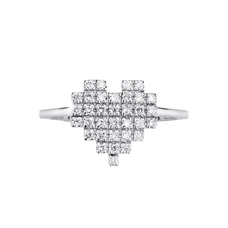 Bague en or blanc 18k avec cœur Pixel et diamants