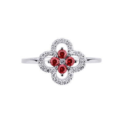 Bague fleur en or blanc 18k avec rubis et diamants