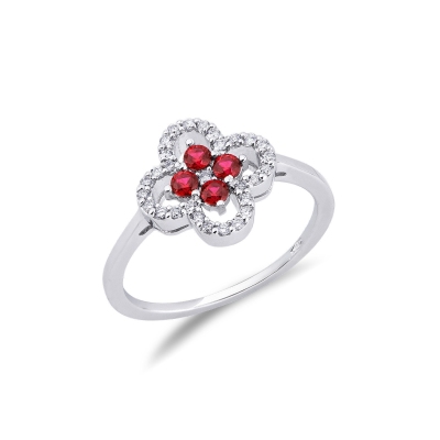Bague fleur en or blanc 18k avec rubis et diamants