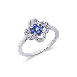 Bague en or blanc 18k en forme de fleur avec saphirs bleu