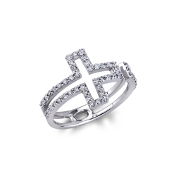 Bague croix en bande en or blanc 18k avec diamants