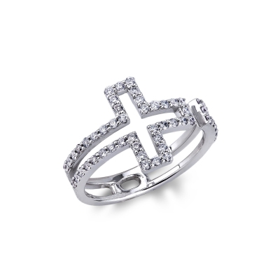 Bague croix en bande en or blanc 18k avec diamants