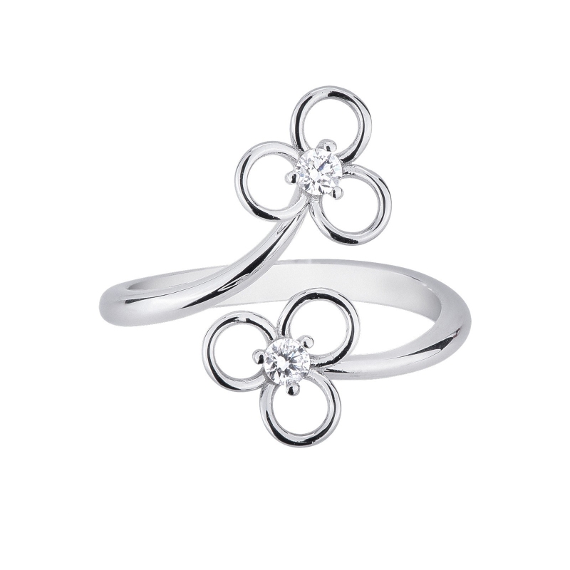Bague en or blanc 18k avec deux fleurs stylisées et diamants