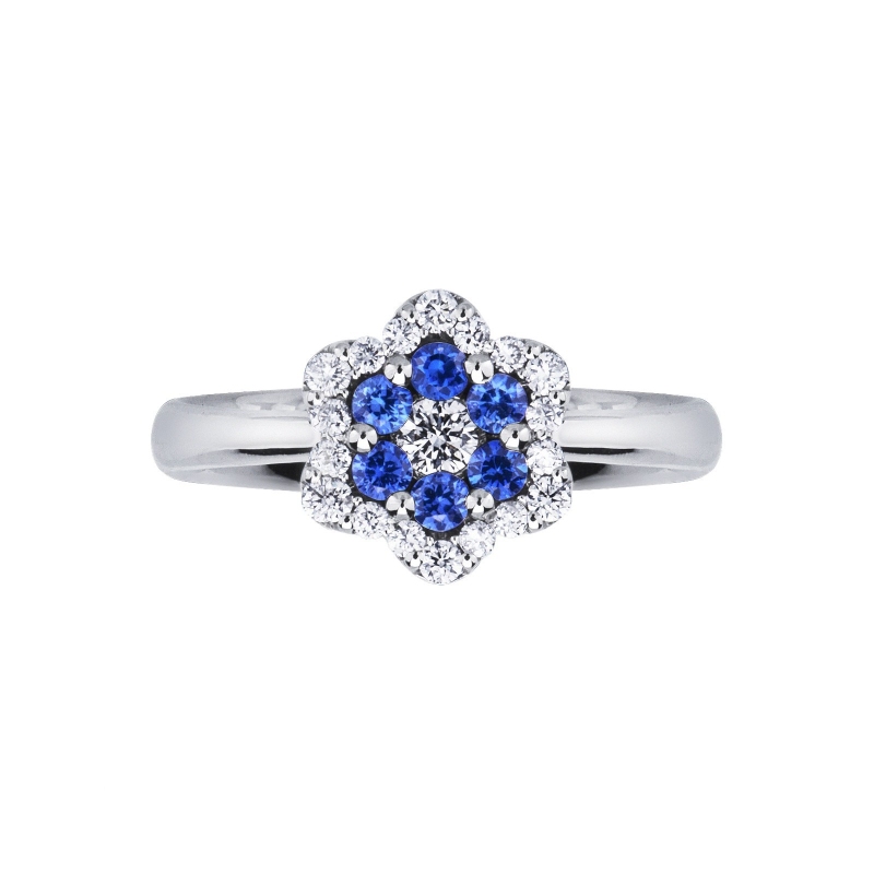 Bague en or blanc 18k avec fleur de diamants et saphir bleu
