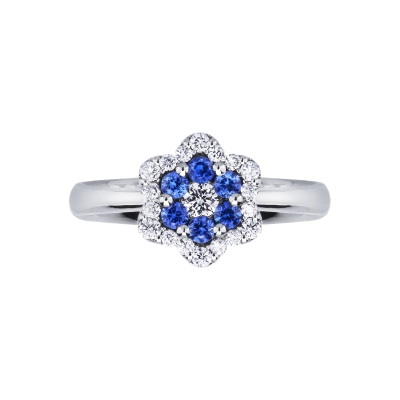 Bague en or blanc 18k avec fleur de diamants et saphir bleu