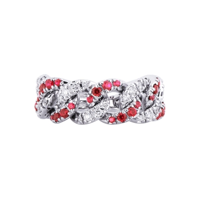 Bague or blanc 18K rubis et diamants gourmette