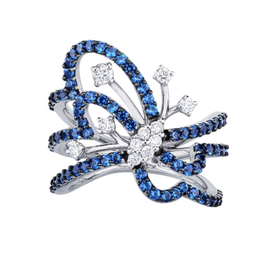 Bague papillon en or blanc 18k saphirs bleus et diamants