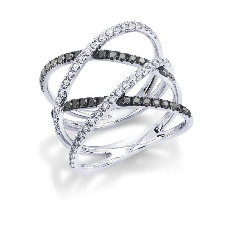 Bague croisée en or blanc 18k avec diamants blancs et noirs