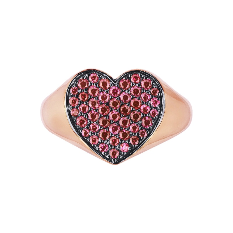 Bague en or rose 18k avec pavé de rubis en forme de cœur