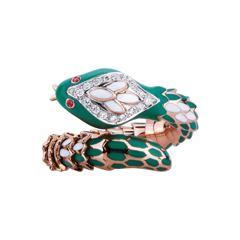 Bague serpent en or rose 18k ornée de diamants Et rubis Bague serpent en or rose 18k ornée de diamants Et rubis