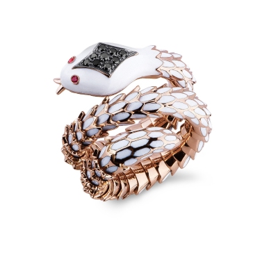 Bague serpent en or rose 18k avec diamants noirs et rubis