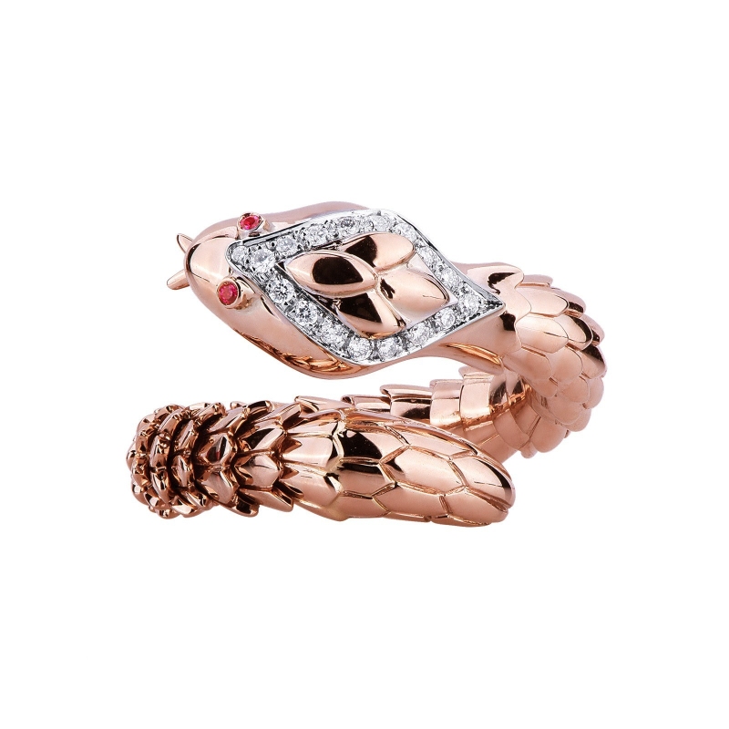 Bague en Or Rose 18k avec Serpent à Spirale Mobile, Diamants et Rubis
