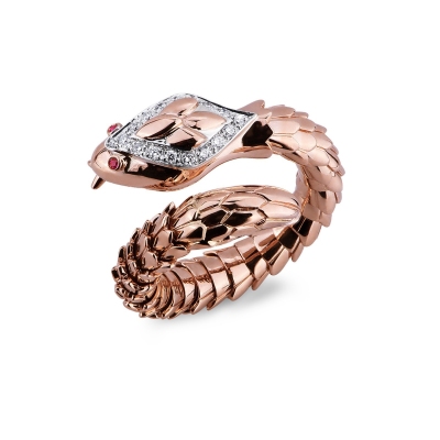 Bague en Or Rose 18k avec Serpent à Spirale Mobile, Diamants et Rubis