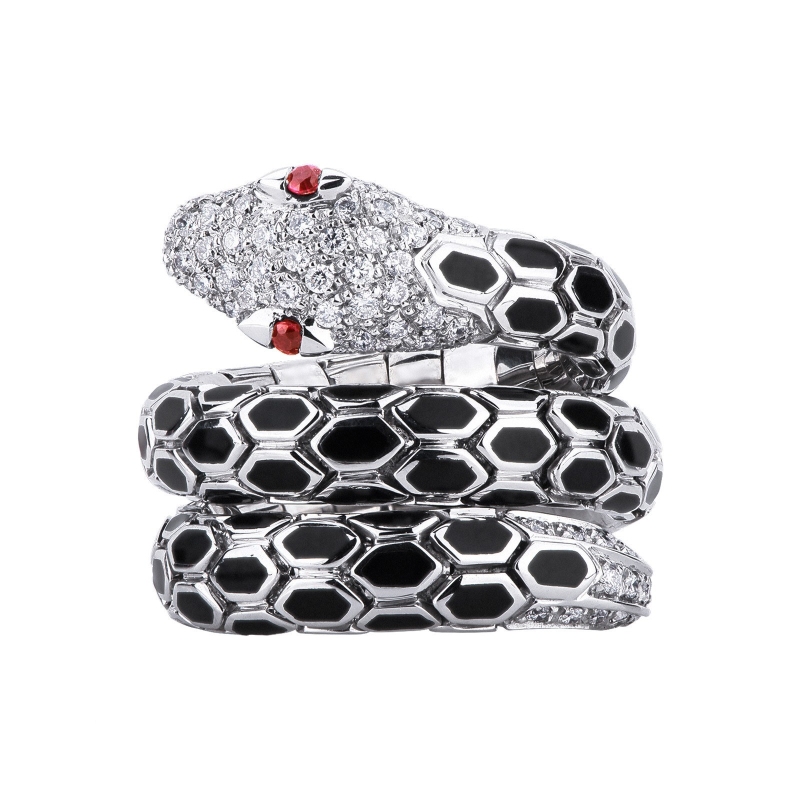 Bague serpent en or blanc 18k à double spirale avec diamants et rubis