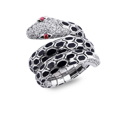 Bague serpent en or blanc 18k à double spirale avec diamants et rubis