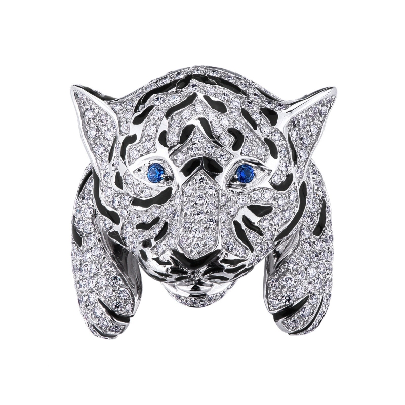 Bague tigre en or blanc 18k avec diamants et saphirs