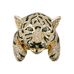 Bague Tigre en Or Jaune 18k avec Diamants et Émail Noir