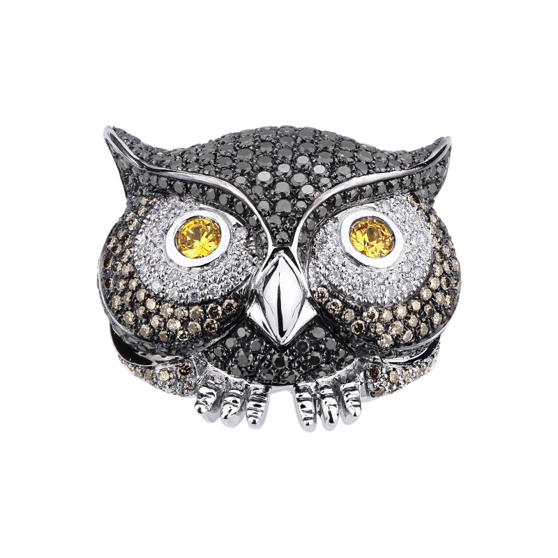 Bague hibou en or blanc 18k avec diamants