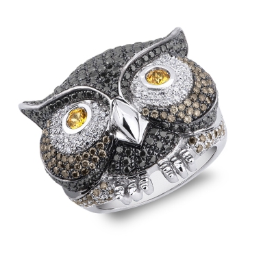 Bague hibou en or blanc 18k avec diamants