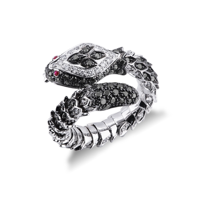 Bague serpent en or blanc 18k avec diamants et rubis
