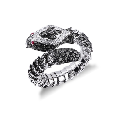 Bague serpent en or blanc 18k avec diamants et rubis