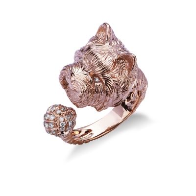 Bague chien maltais en or rose 18k avec diamants