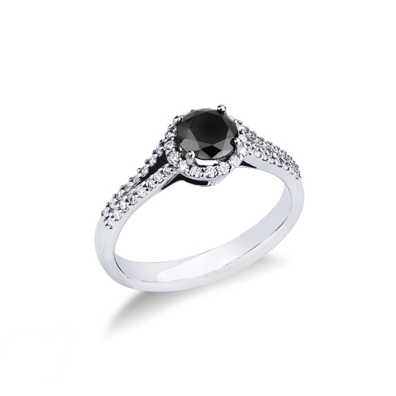 Bague en or blanc 18K avec diamant noir et diamants blancs Bague en or blanc 18K avec diamant noir et diamants blancs